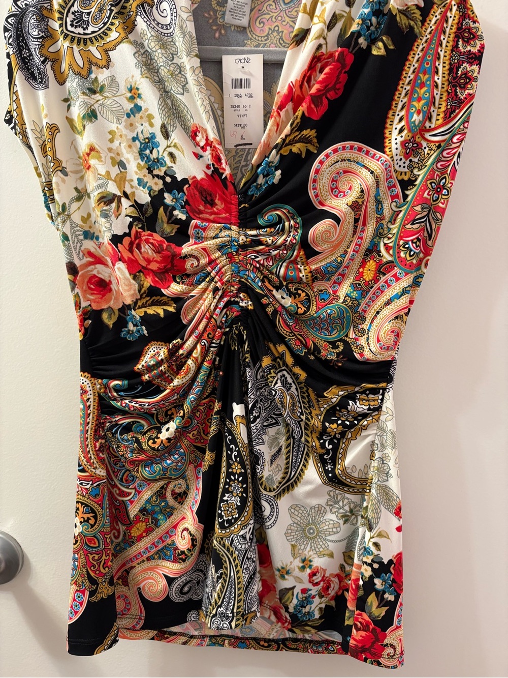 Cache  Paisley & Floral Ruched V-Neck Top - Black/Multicolor Small NWT SEXY - Picture 2 of 6